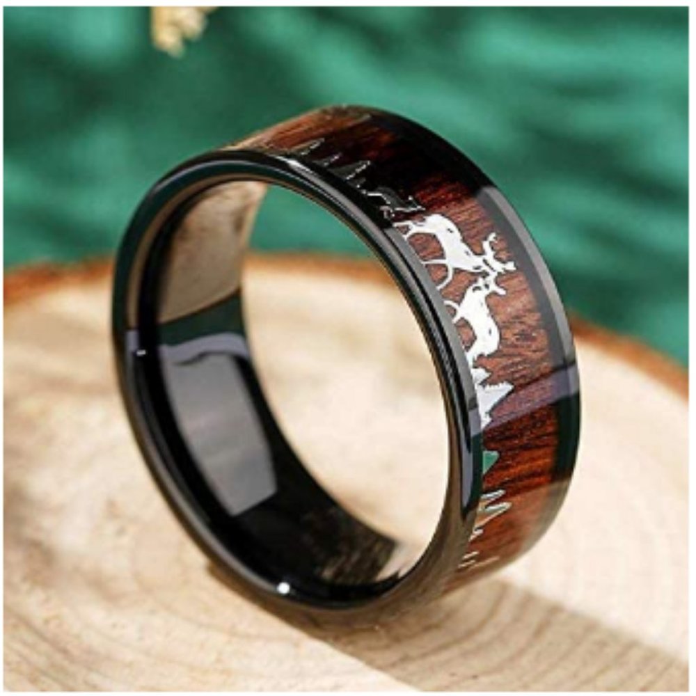 THREE KEYS JEWELRY 8mm Deer Family Tungsten Rings Wood Inlay Wedding Bands